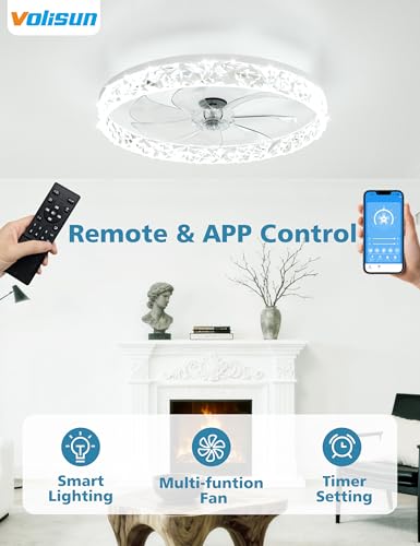 White 20-Inch Low Profile Ceiling Fan with Lights Remote Dimmable LED