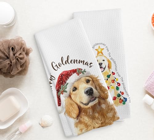 NOQL Golden Retriever Dog Christmas Kitchen Towels Set of 2, 16x24 Inch Holiday Hand Towels