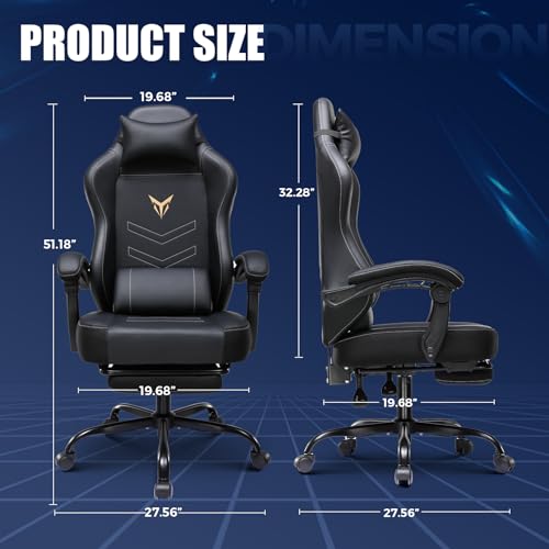 GTPLAYER Gaming Chair with Footrest - Black Dark Black Recliner Ergonomic High Back