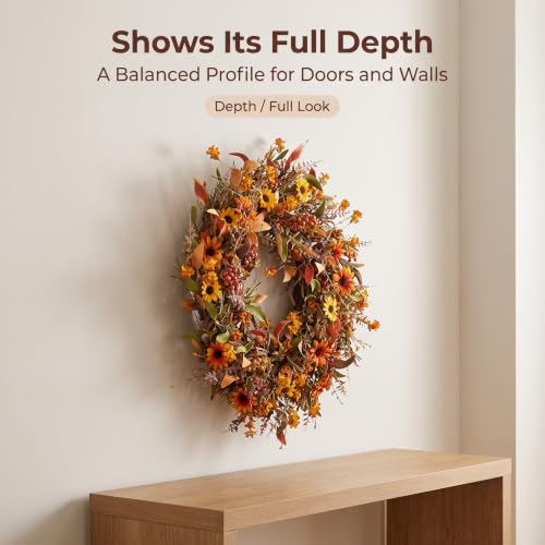 24 Inch Fall Wreath with Sunflowers Berries & Leaves - Autumn Harvest Door Decor