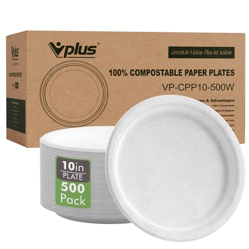 500 Pack Compostable 10.25 Inch Sugarcane Fiber Plates - White, Heavy-Duty