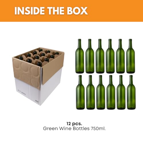 Green 750ml Wine Bottles - 12 Pack for Home Winemaking, No Corks Included