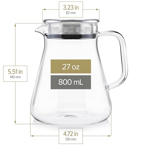 Plastic-Free Glass Teapot & Kettle 27 oz - One-Touch, Filter Lid, Borosilicate