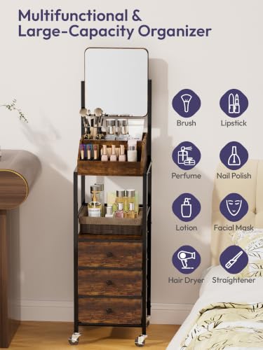 Espresso SWTYMIKI Makeup Organizer Cart with Mirror & Storage Drawers