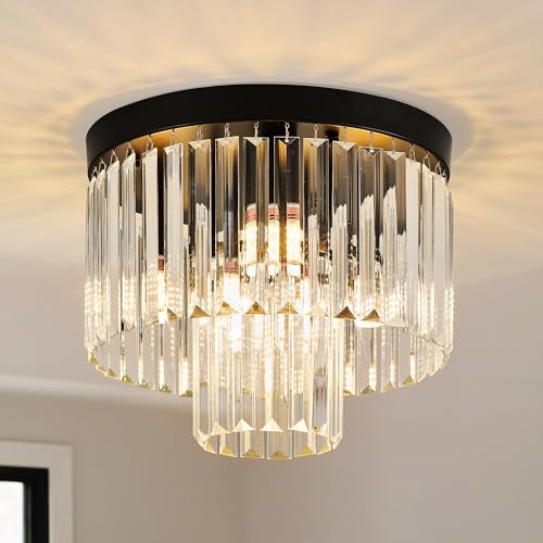 Black 12.6-Inch Crystal Ceiling Light Fixture - 4-Light Modern 2-Tier Chandelier