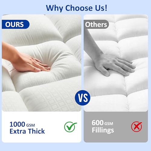SurChic Queen Mattress Topper - Extra Thick 4 Inch Pillow Top Cooling Bed Pad with Deep Pocket Fit for 8-21 Inch Mattresses - White, Variation: Thick White / Queen