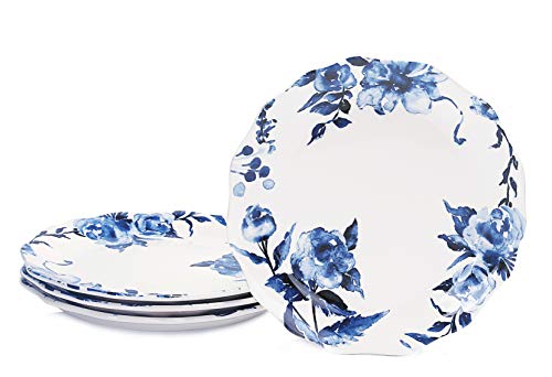 Bico 11-Inch Blue Watercolor Flower Ceramic Dinner Plates Set of 4, Microwave & Dishwasher Safe