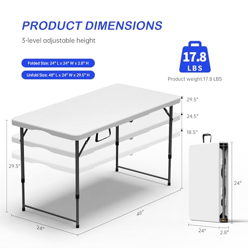 VSOAEIL White 4FT Folding Table 2-Pack Adjustable Height Portable Plastic