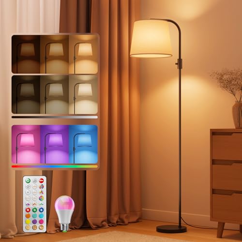 LED Arc Floor Lamp with Remote Control - Black, 65-Inch RGB Color Changing, 350° Swivel Shade