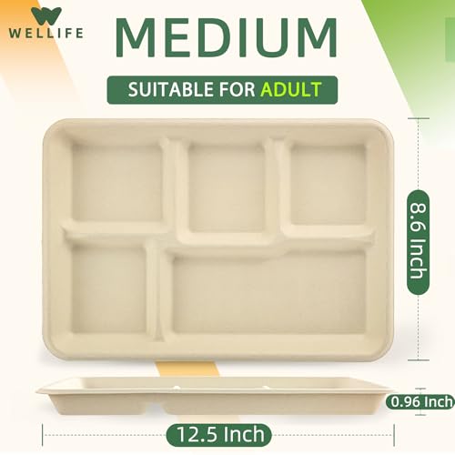 Eco-Friendly 5-Compartment Disposable Paper Plates - Medium 12.5x8.6 Inch Natural Pack of 100