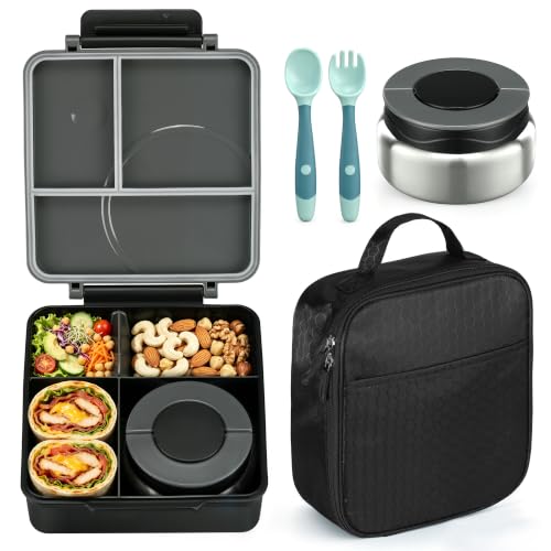 Kids Bento Lunch Box Set with 8oz Soup Thermo - Leak-Proof, 4-Compartment, Insulated Lunch Bag - Black