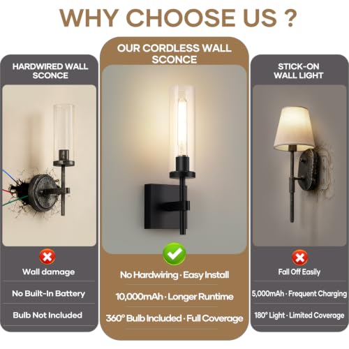 Rechargeable Wireless Wall Sconces Set of 2 with Remote Control - Matte Black & Clear Glass, 3000K Warm Light
