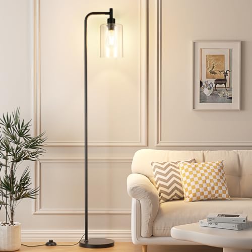 Ziisee Industrial Floor Lamp with Glass Shade - Black & Clear, LED Bulbs, Foot Switch, Easy Assembly