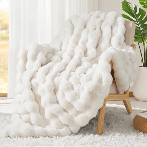 White Faux Rabbit Fur Throw Blanket 50x60 Inches Super Soft Cozy Warm Bed Couch Decor
