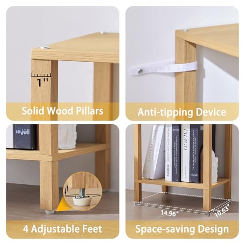 Natural 5-Tier Tall Narrow Bookshelf - Wooden Slim Bookcase for Home & Office