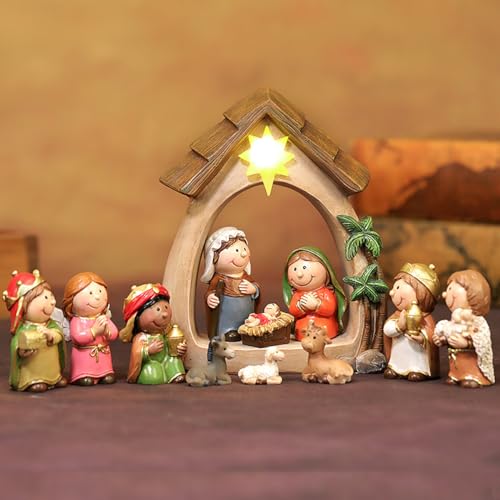 MACLARONX 12-Piece Small Christmas Nativity Scene with LED Lights - Resin Tabletop Decor