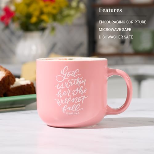 God is Within Her Pink Floral Psalm 46:5 Ceramic Mug Pack of 2 - 14 oz, Microwave & Dishwasher Safe, Encouraging Gift for Women