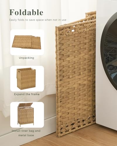 Large 112L Natural Rattan Laundry Hamper with Lid & Removable Liners - Foldable & Mesh Bags Included