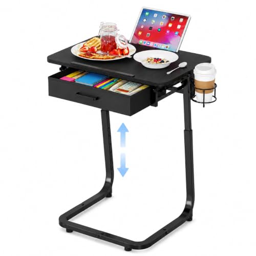 Adjustable Height TV Tray Table with Drawer & Cup Holder - Black
