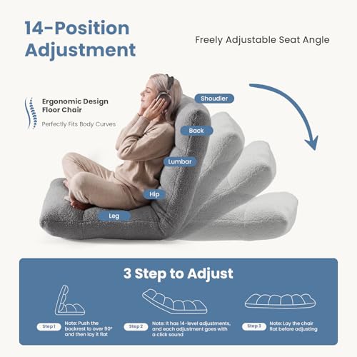 DUMOS Grey Folding Floor Chair 14-Position Adjustable Backrest Lounger