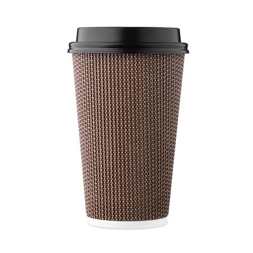 Brown 16 oz Disposable Paper Coffee Cups with Lids - Insulated Double-Walled