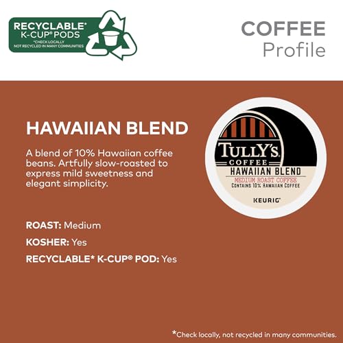 Tully's Coffee Hawaiian Blend Keurig K-Cup Pods 60 Count (6 Packs of 10) Medium Roast