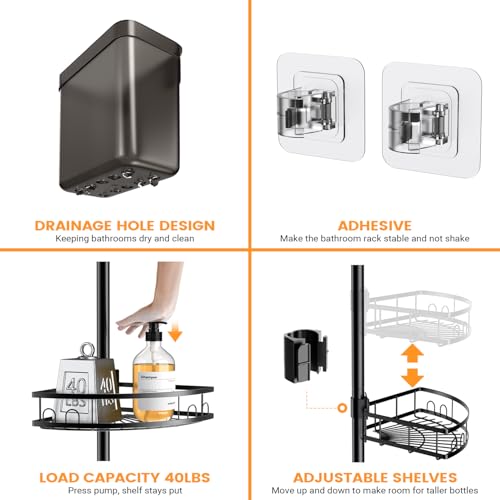 Foukus Matte Black Adjustable Tension Pole Shower Caddy - Rustproof Corner Bathroom Organizer