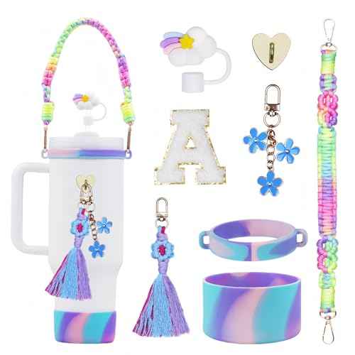 8Pcs Initial Stanley Cup Accessories Set for 40Oz 30Oz 20Oz - Teen Girls Gifts Tumbler Cup Decorations with Handle, Rainbow Straw Topper, Flower Charms, Silicone Boot and Letter Stickers A
