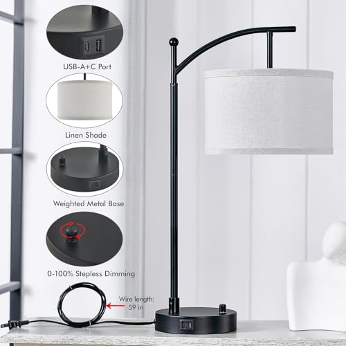 Black 2-Pack Bedside Table Lamps with USB-C & A Ports, Dimmable 23.5 Inch Set