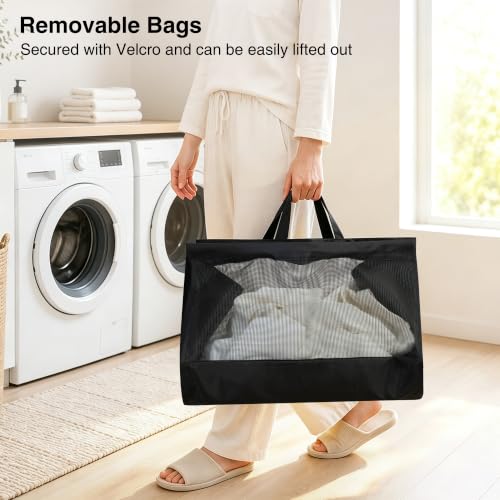 Black Mesh 3-Tier Vertical Laundry Hamper with Removable Bags, Rolling & Lockable Wheels