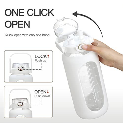 64oz Glass Water Bottle with Straw & Handle - White - Motivational Time Marker