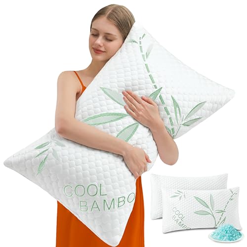 Green-White Bamboo Cooling King Pillows Set of 2 - Adjustable Memory Foam, Sleep Support