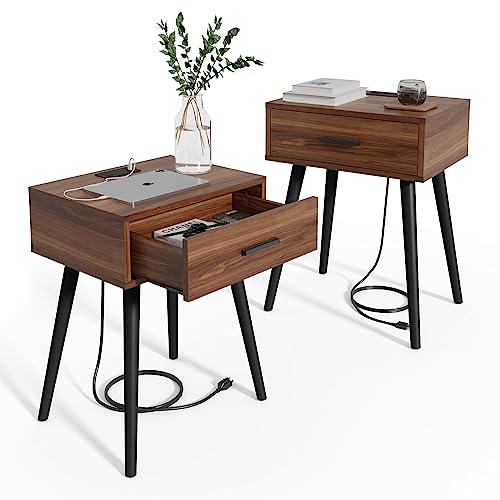 Nightstands Set of 2 with Charging Station - Mid Century Bedside Table NS003X