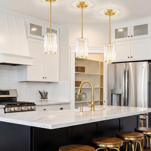 Esfos Gold Pendant Lights 3 Pack - Modern Crystal Kitchen Island Pendant with Adjustable Height, UL Certified, E26 Base
