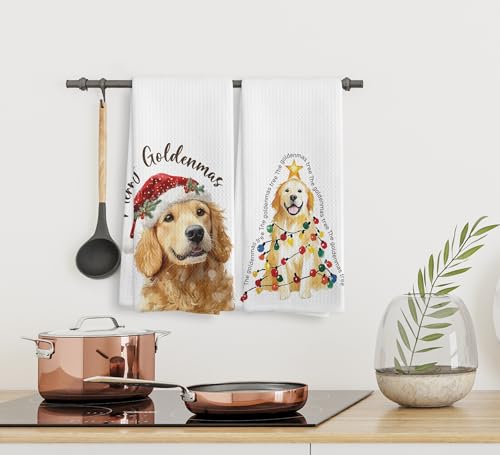 NOQL Golden Retriever Dog Christmas Kitchen Towels Set of 2, 16x24 Inch Holiday Hand Towels