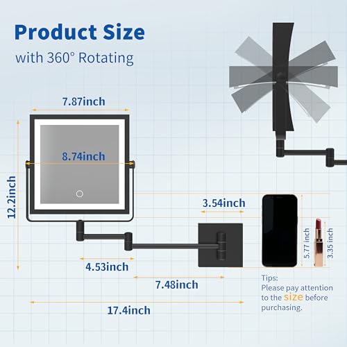 Ruacq Matte Black Wall Mounted Makeup Mirror with Lights 1X/10X Dual Sided