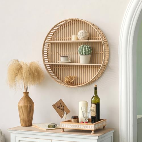 Boho Rattan Wall Shelf 3-Tier Floating Storage Rack for Living Room & Home Decor