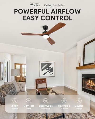 Wood Ceiling Fan with Lights 52 Inch - Walnut + Black, Reversible Remote