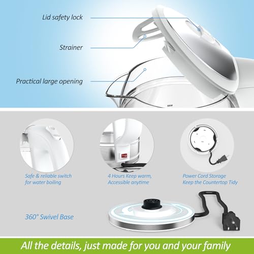 Electric Kettle 1.7L Dual Wall Cool Touch BPA-Free Glass Inner - White