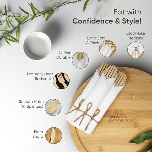 Set of 100 EcoPreps Bamboo Cutlery and Napkin Set - Biodegradable Party Pack