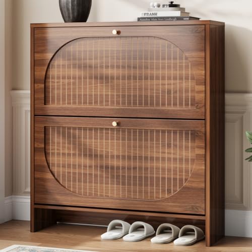 Nicetree Arch-Chic Shoe Cabinet - Narrow Fluted Entryway Storage, Adjustable Shelves, Walnut Finish - Luminous Walnut / 2 Flip Drawer