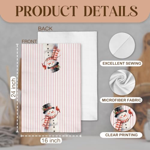 Preppy Christmas Cardinal Snowman Kitchen Hand Towels - Pink, 16x24 in