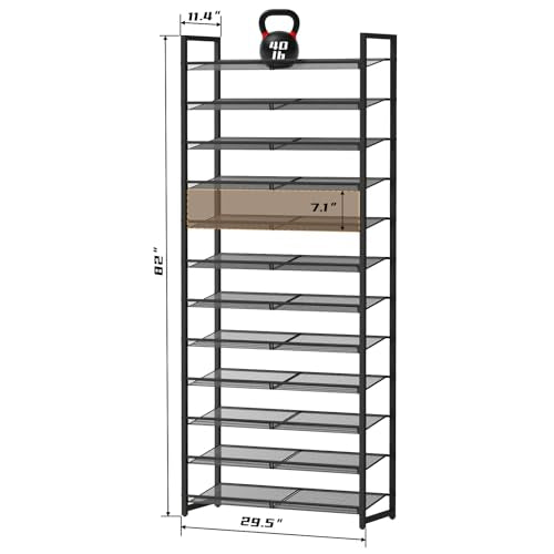 Black 12-Tier Metal Shoe Rack Organizer for Closet, Entryway, Garage - Adjustable Shelves, Tall Shoe Storage Solution