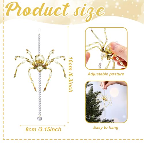 Lunmon 6 Pcs Christmas Crystal Spider Ornaments, Gold & White, 6.3 Inches