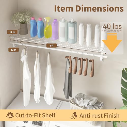 PROWORX 4 ft x 12 in Wall Mounted Closet Shelves with Hanging Rod - 2 Pack White Wire Storage Kit
