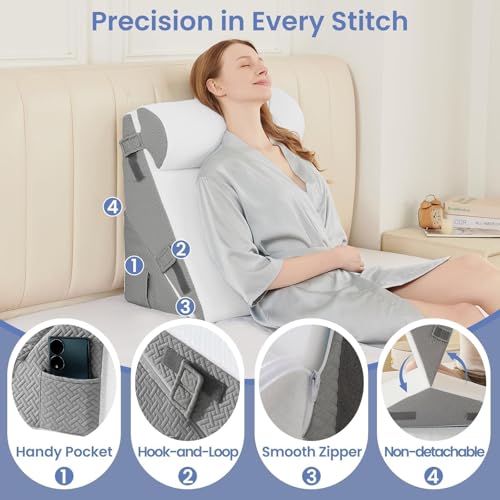 Sasttie Adjustable Wedge Pillow Set for Post-Surgery Support - Dark Grey & White, 9/12 Inch, Includes Head Pillow