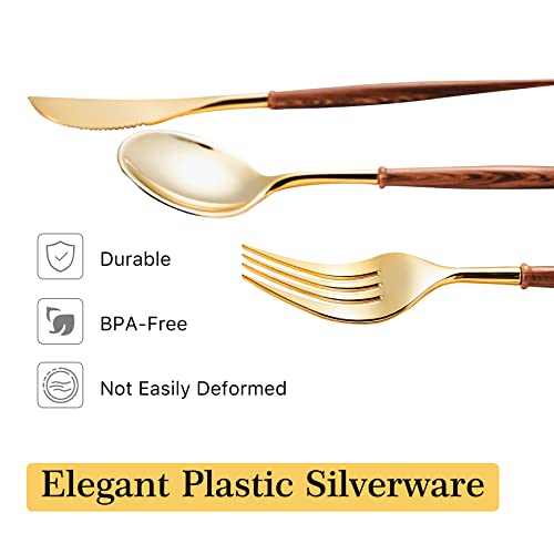 Lullaby 240PCS High End Gold Plastic Silverware with Wood Grain Handle