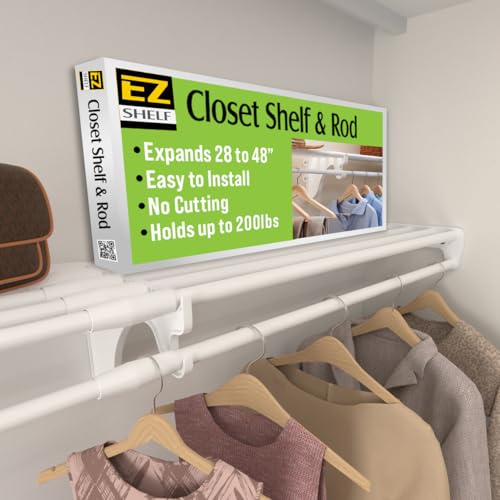 Expandable Closet Shelf with Hanging Rod - White, 28-48 inch Adjustable Storage Solution