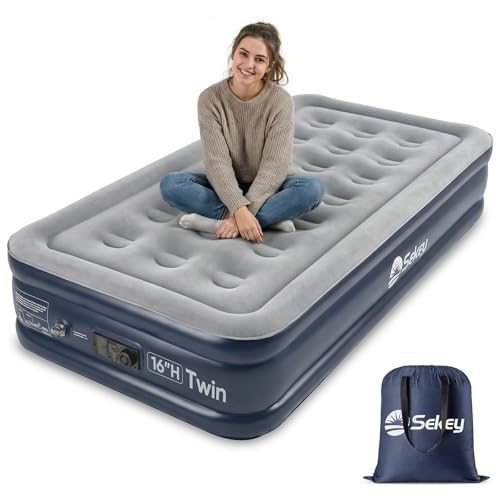 Sekey Twin Air Mattress with Built-in Pump - Grey, 16-Inch Raised Bed