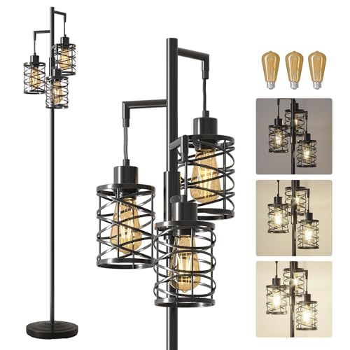 70-Inch Black Industrial Floor Lamp with 3 Dimmable Bulbs & Stepless Brightness